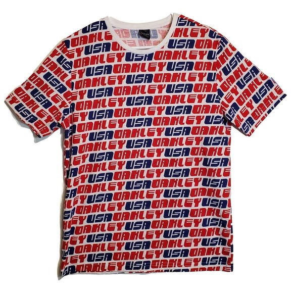 Men’s Oakley USA Red White & Blue All Over Print T-Shirt Size Med Custom Fit - Picture 1 of 6